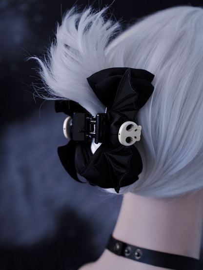 Skulls and Wings Design Black Bow Claw Clip