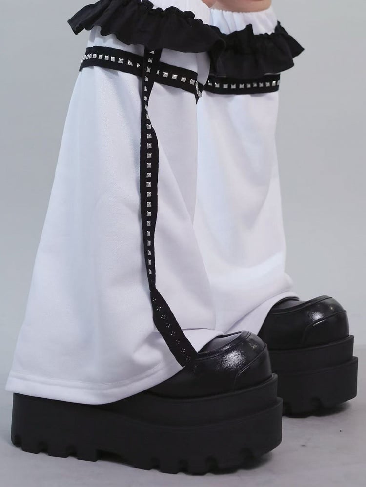 White&Black Jirai Kei Peter Pan Collar Insect Print Ruffles Trim T-shirt With Studs Decorated Leg Warmers
