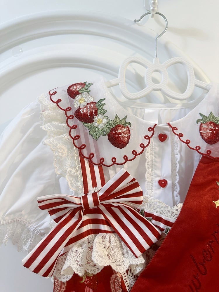 Clearance-Size M for Bust 94CM Red Strawberry Embroidery Collar White Short Sleeves Blouse