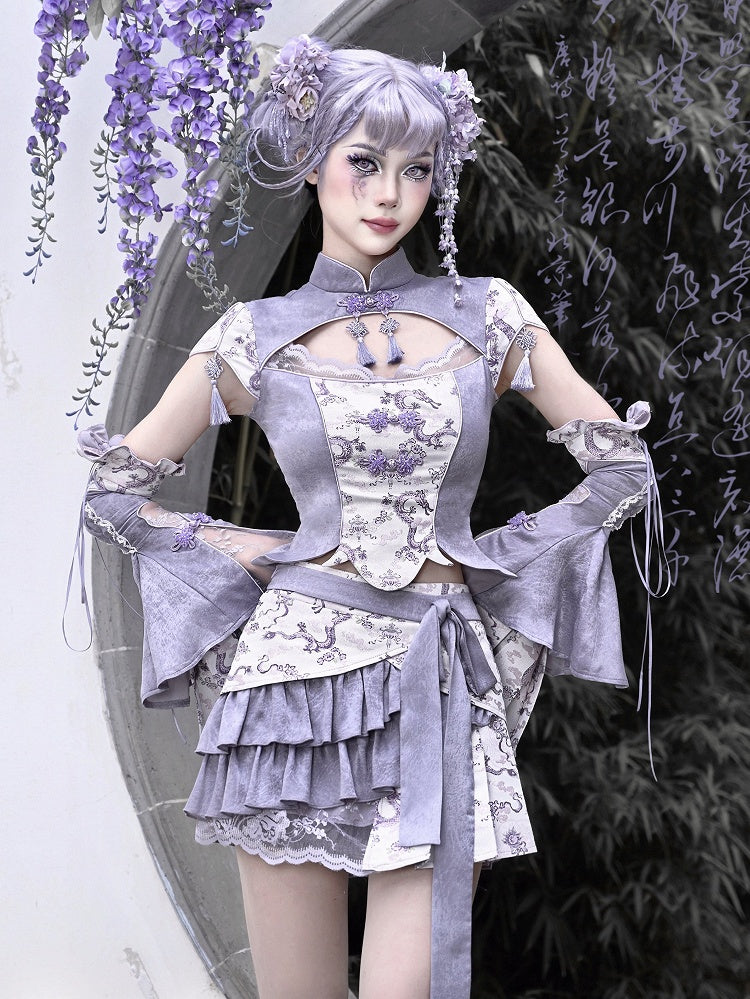 Purple Cheongsam Collar Short Sleeves Top Tassel Charm Decorated