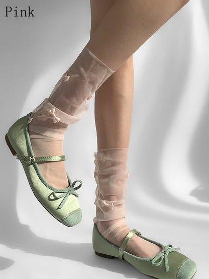 White/Pink/Gray/Beige Bowknot Details Sheer Loose Calf Socks