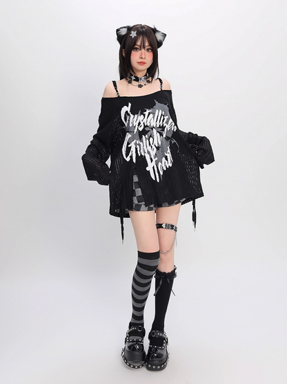 Y2K Off-the-shoulder Neckline Slit Hem Black/White Graphic Coverup
