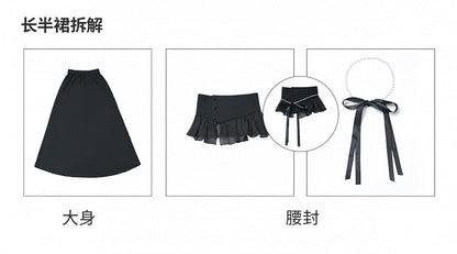 Black Cheongsam Style Long Skirt with Flounce Hem Corset Belt Set Free Beaded Waist Chain