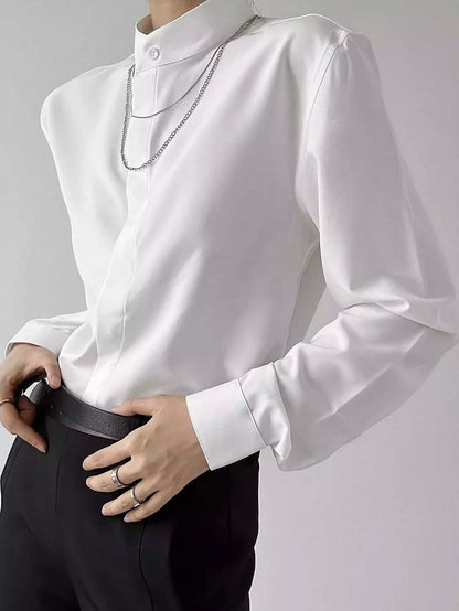 Ouji Lolita White Unisex Long Sleeve Shirt with Mandarin Collar & Button-Down Front