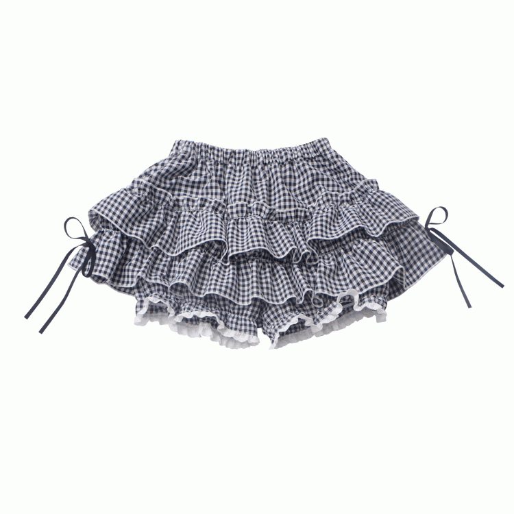 Black/Plaid Elastic Waist Tiered Skirt Bloomers Lining