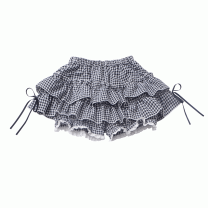 Black/Plaid Elastic Waist Tiered Skirt Bloomers Lining