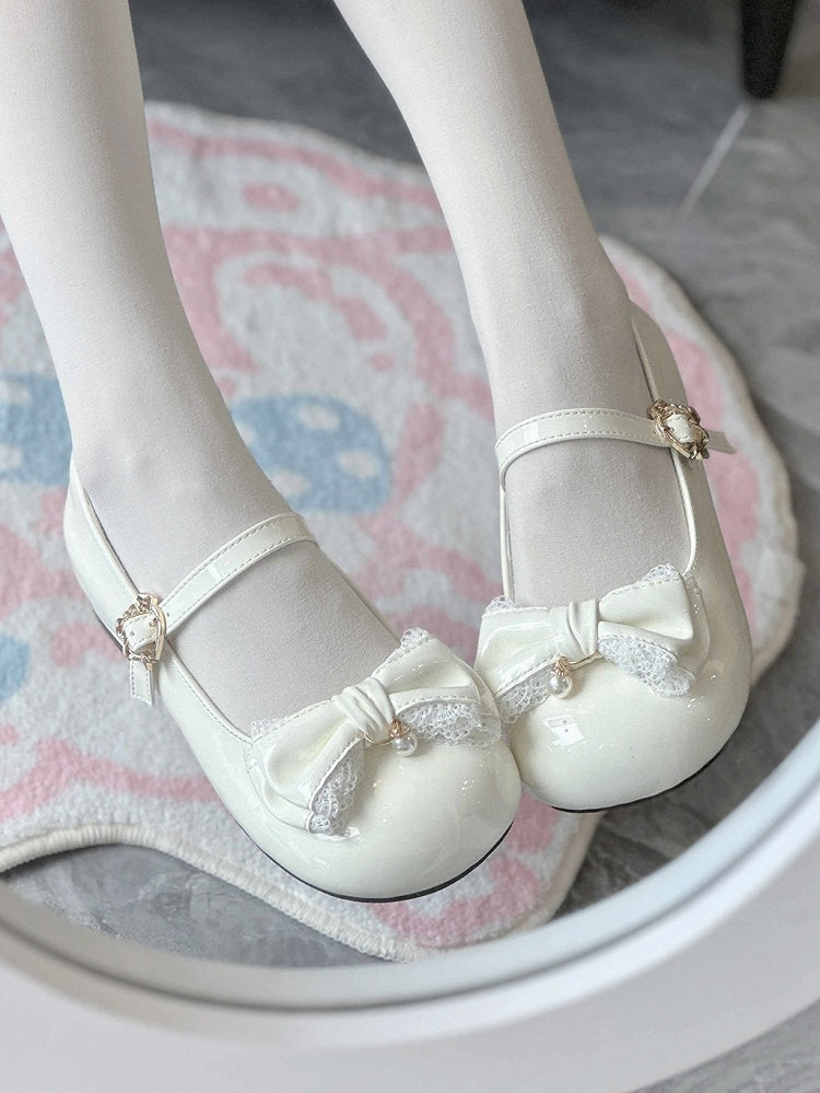 White Lace Trim and Bead Charm Decorated Bowknot Sweet Lolita Mary Janes