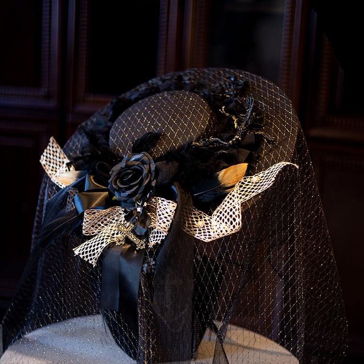Black Floral Bowknot Feather Decorated Halloween Gothic Hat with Veil