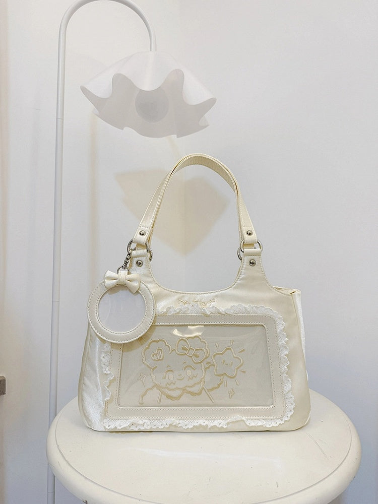 Kawaii Satin Lace Trim Creamy White Daily Ita bag with Card Holder Charm