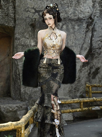 Dusty Green Tie Dye Pastel Goth Mermaid Skirt Flower Birdcage Hemline