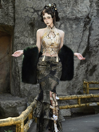 Dusty Green Tie Dye Pastel Goth Mermaid Skirt Flower Birdcage Hemline