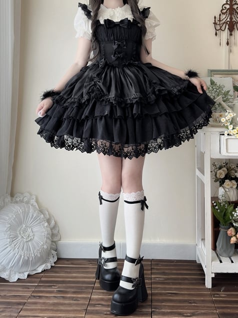 Black Drawstring Overlay Tiered Skirt Princess Lolita Kuro Dress