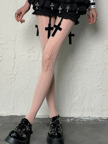 Wasteland Punk Light Pink Striped Hollow-out Design Y2K Tights