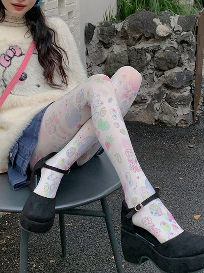 White Sweet Goldfish Print Cartoon Tights