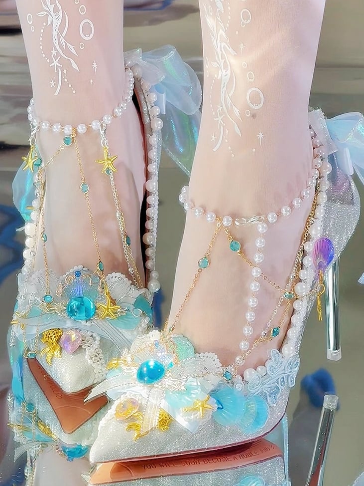 Silver Rhinestone And Beaded Decorated Conch Details Pointed Toe 7.5CM/10.5CM High Heels