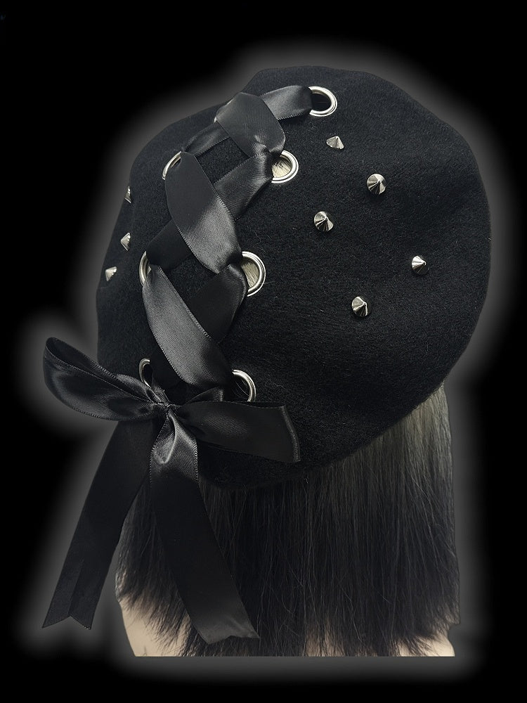 Y2K Black Lace-up Detail Studs Design Wool Beret