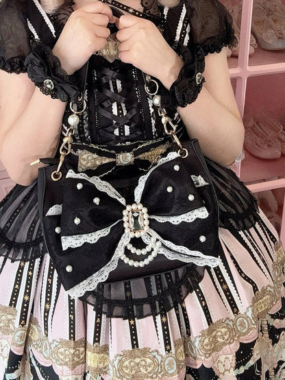 Beads & Rhinestone Decor Bow Accent Satin Black Shoulder Bag in Sweet Lolita