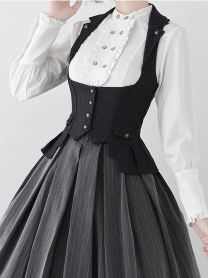 Dark Gray Under Bust Striped Waistcoat with Lapel Collar