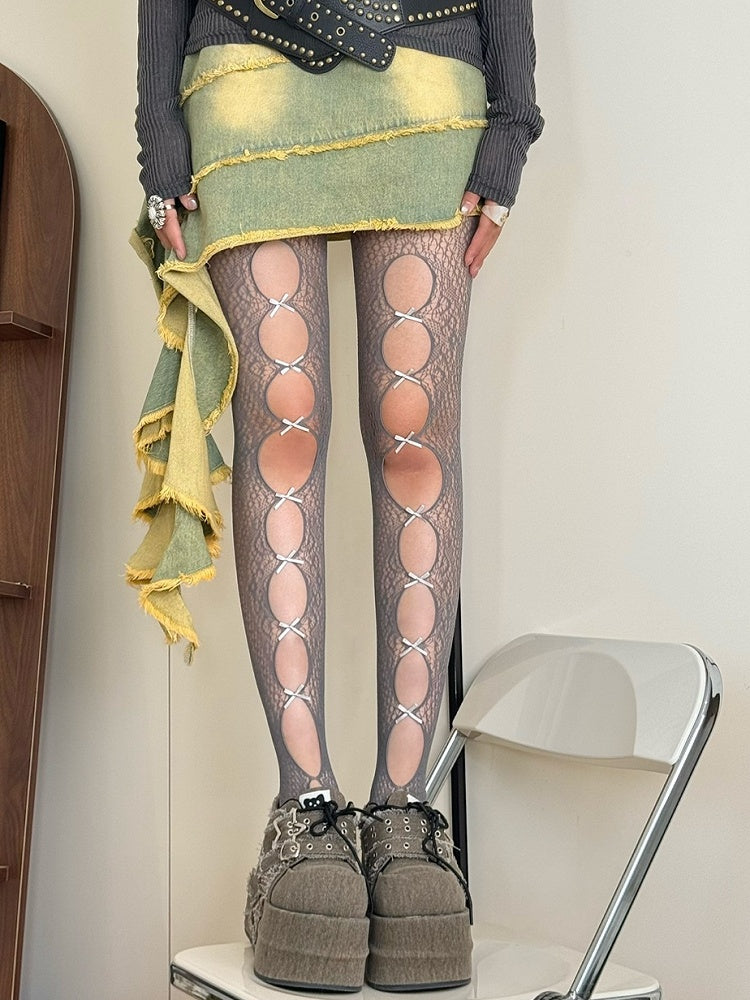 6 Color Options Gyaru Fashion Cutout Design Bowknot Details Tights