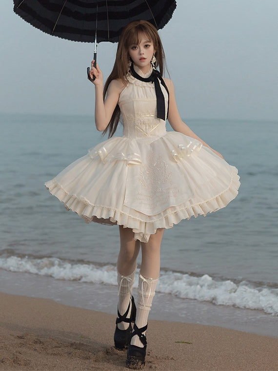 Creamy Delicate Embroidery Detail Classic Lolita Backless Halter Neck Dress
