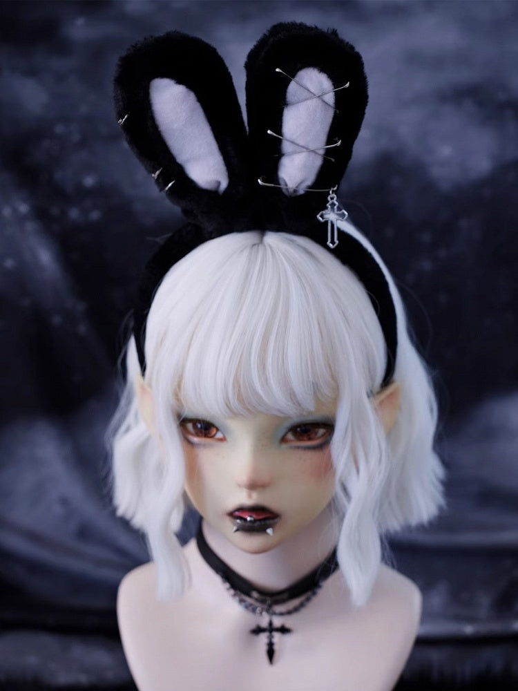 Pins Cross Details Gothic Black Plush Bunny Ears KC