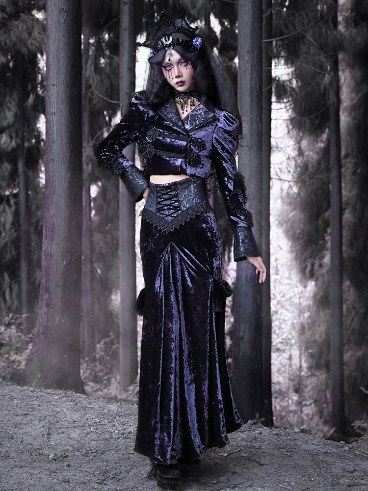 Gothic Purple Velvet Lace-up High Waist Maxi Fishtail Skirt