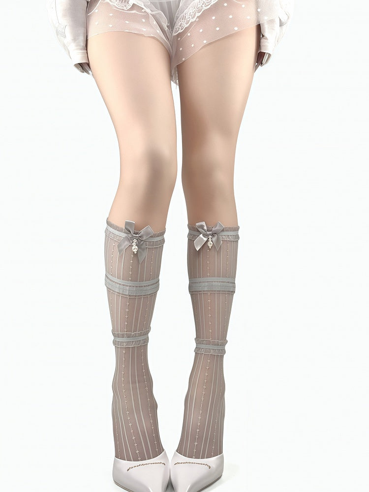 White/Beige/Gray/Black Beaded Charm Bowknot Decorated Lace Trim Under-Knee Stockings