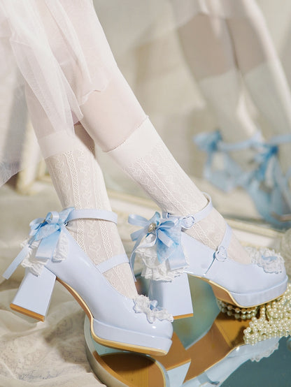 Blue Knotted Bow at Top Lace Trim Heart Buckles High Block Heels