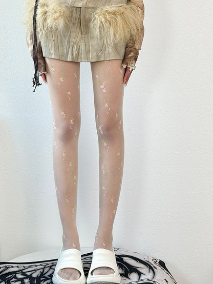 White Floral Details Tights
