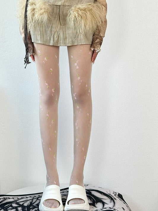 White Floral Details Tights