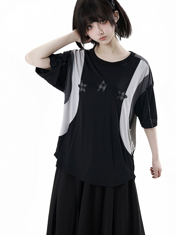 Black/Gray Colorblock Design Plaid Star Appliques Round Neck Sports T-shirt