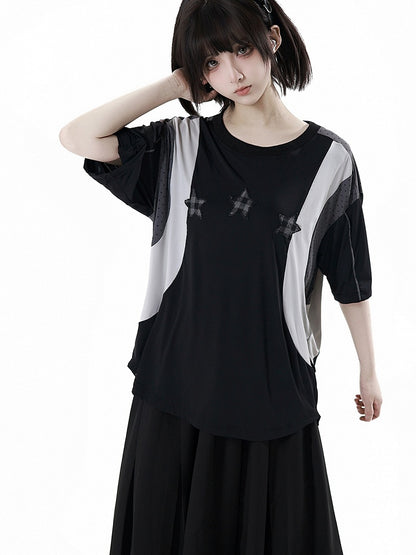 Black/Gray Colorblock Design Plaid Star Appliques Round Neck Sports T-shirt