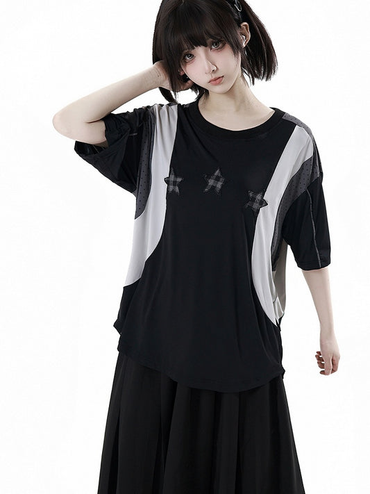 Black/Gray Colorblock Design Plaid Star Appliques Round Neck Sports T-shirt