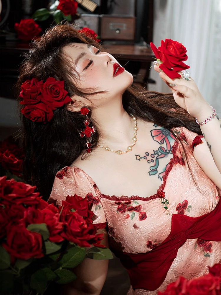 Plus Size Mesh Patchwork Hem Red Rosette Print Dress Mermaid Skirt