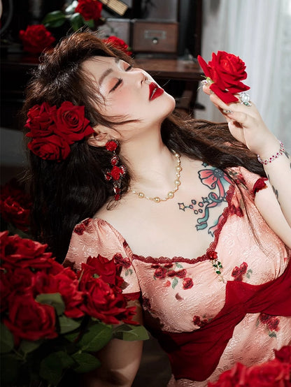 Plus Size Mesh Patchwork Hem Red Rosette Print Dress Mermaid Skirt