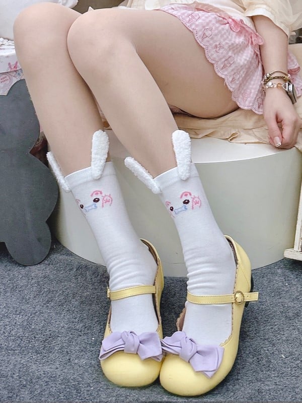 White Bunny Print Calf Socks With Bunny Ears
