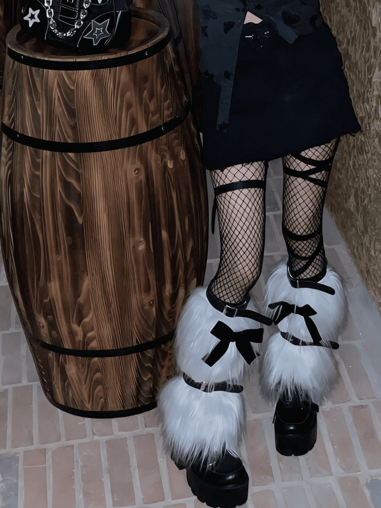 White Plush Leg Warmers With Black Bow Decoration