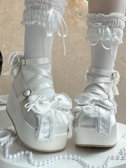 Satin White Sweet Lolita Platform Mary Janes - Plush Bear Ears, Bow Accents & Crisscross Straps