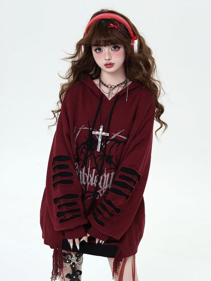Wine Red Gothic Spiderweb Distressed Holes Hooded Sweater
