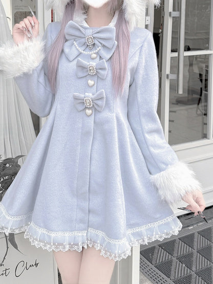 Jirai Kei Light Blue A-Line Waisted Coat with Detachable Bunny Ears Hood & Bowknots