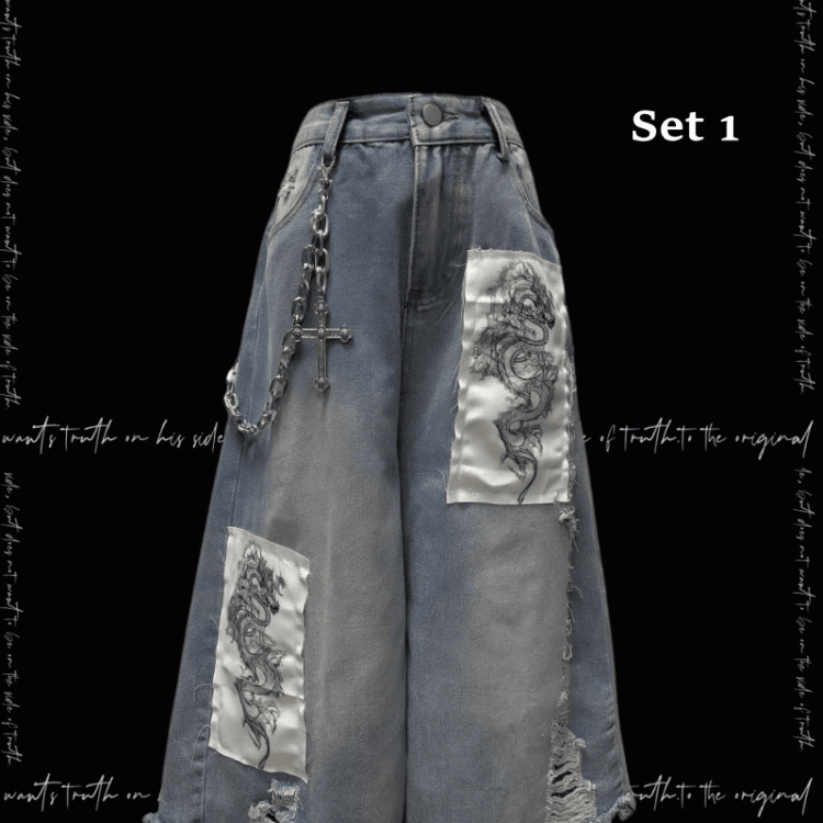 Dragon Applique Raw Hem Distressed Holes Light Blue Wide-leg Jeans