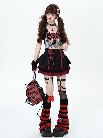Lace-up Details at Waist Y2K Black and Red Punk Rock Tiered Skirt