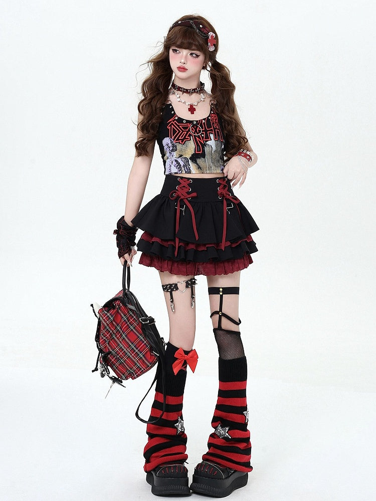 Lace-up Details at Waist Y2K Black and Red Punk Rock Tiered Skirt