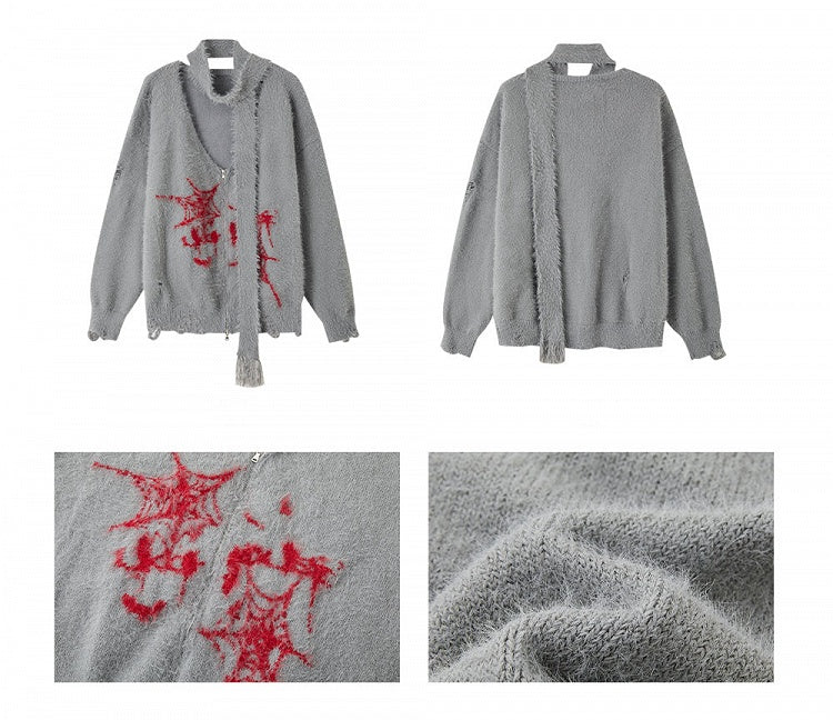 Punk Spiderwebs Gray V-neck Distressed Holes Loose Zip Cardigan with Scarf