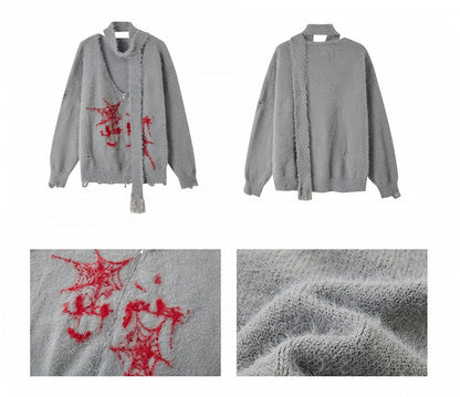 Punk Spiderwebs Gray V-neck Distressed Holes Loose Zip Cardigan with Scarf