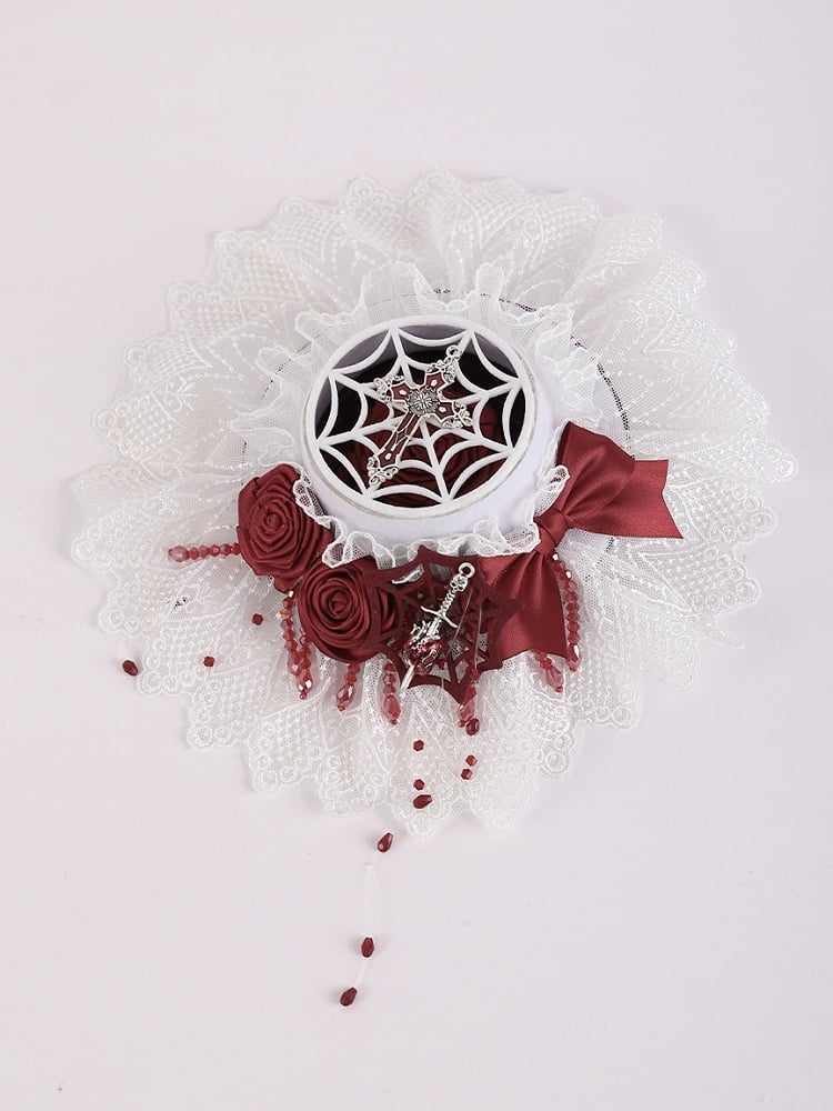 Gothic Cross and Sword White and Red Rosettes Bowknot Mini Flat Hat with Beads