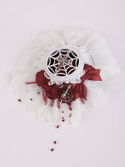 Gothic Cross and Sword White and Red Rosettes Bowknot Mini Flat Hat with Beads
