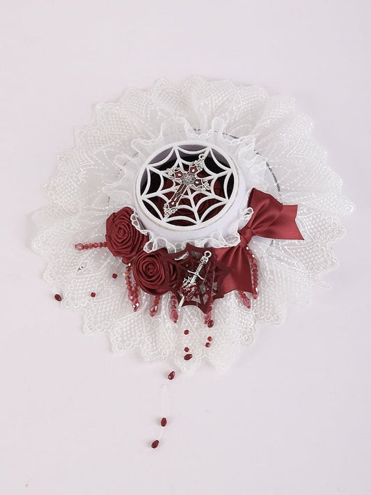 Gothic Cross and Sword White and Red Rosettes Bowknot Mini Flat Hat with Beads