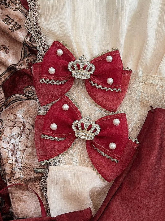 Black/Wine Red Rhinestone Crown And Beaded Decorated Bowknot Hairclip