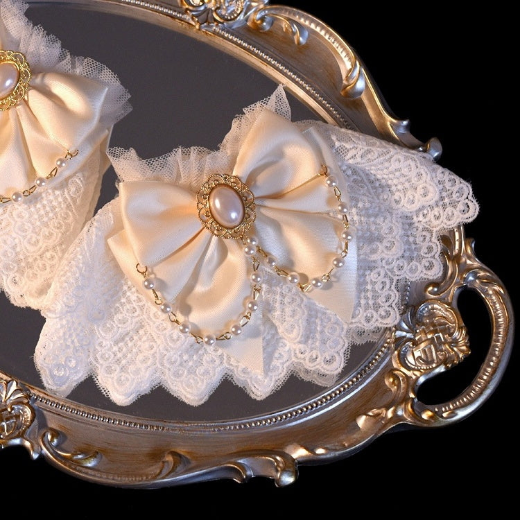 Black/White Beaded Charm Bowknot Decorated Lace Wrist Cuffs